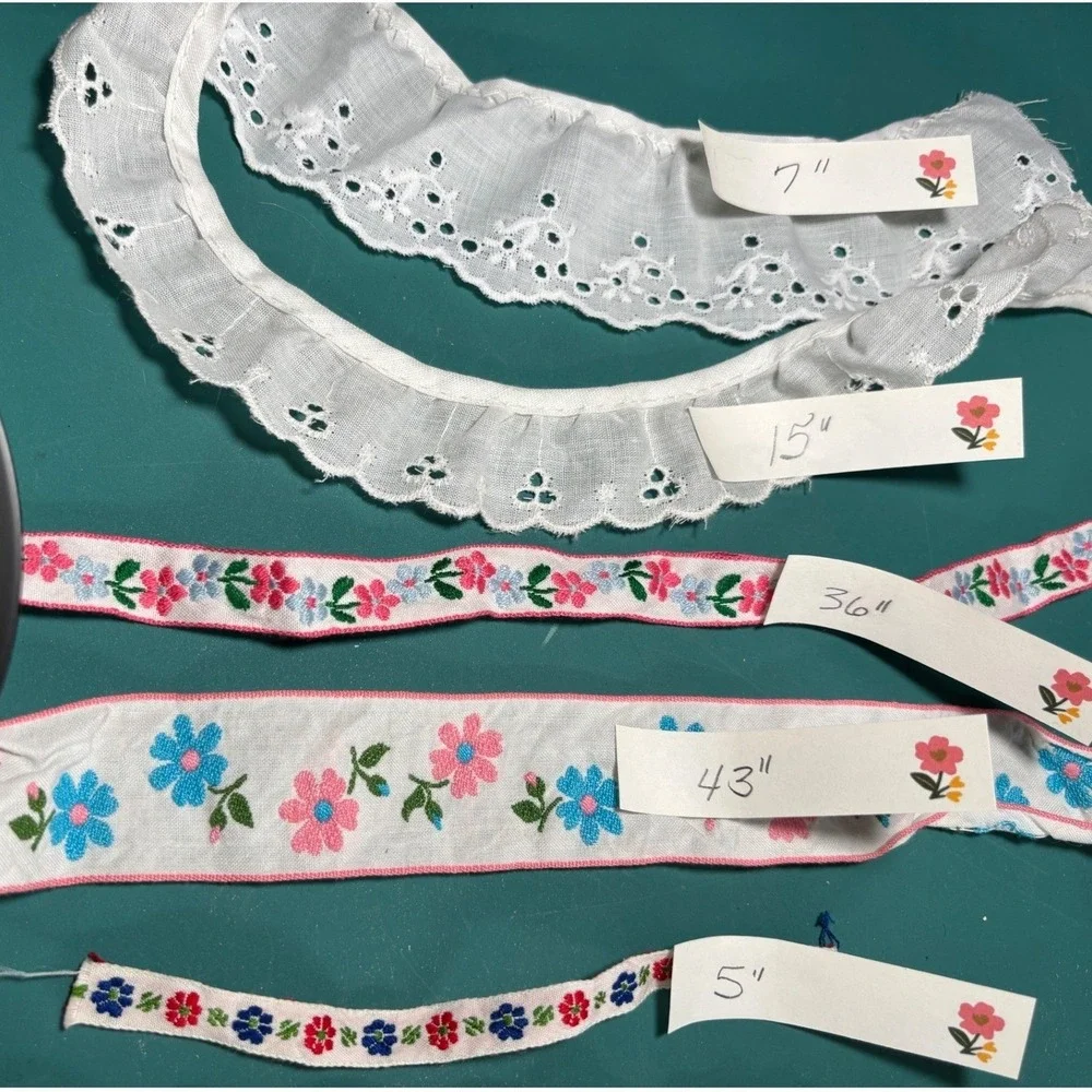 Vintage Floral Embroidered Ribbon and White Eyelet Lace Trim Sewing Notions Lot